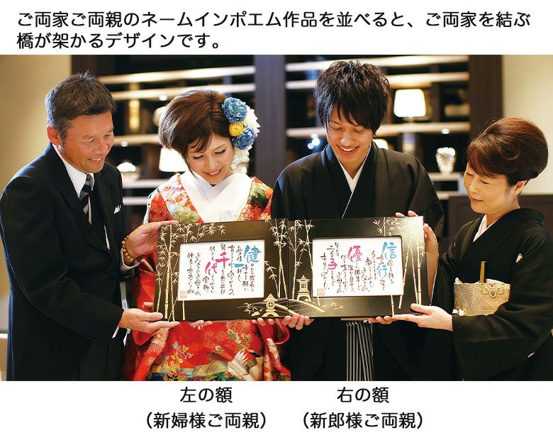ご両家、ご両親のネームインポエム作品を並べると、ご両家を結ぶ橋が架かるデザインです
