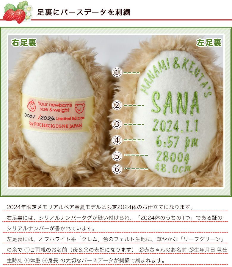 2024年限定メモリアルベア 春夏モデルの足裏刺繍